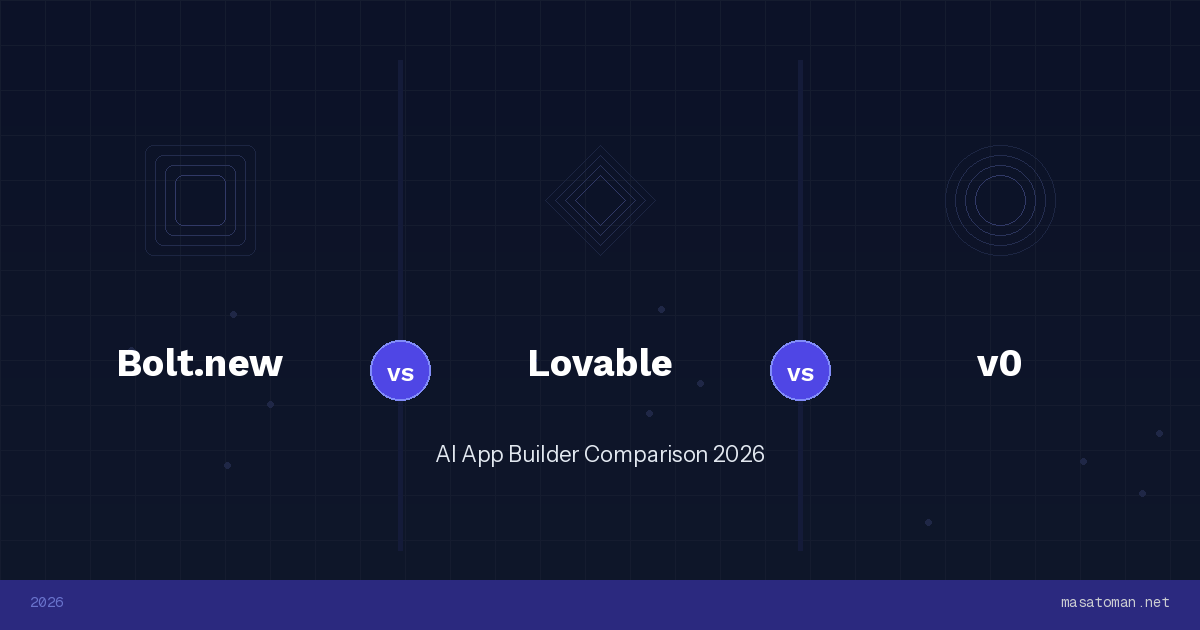 Bolt.new vs Lovable vs v0 徹底比較2026 — AIアプリビルダー3強はどれを選ぶべき？実開発者が解説